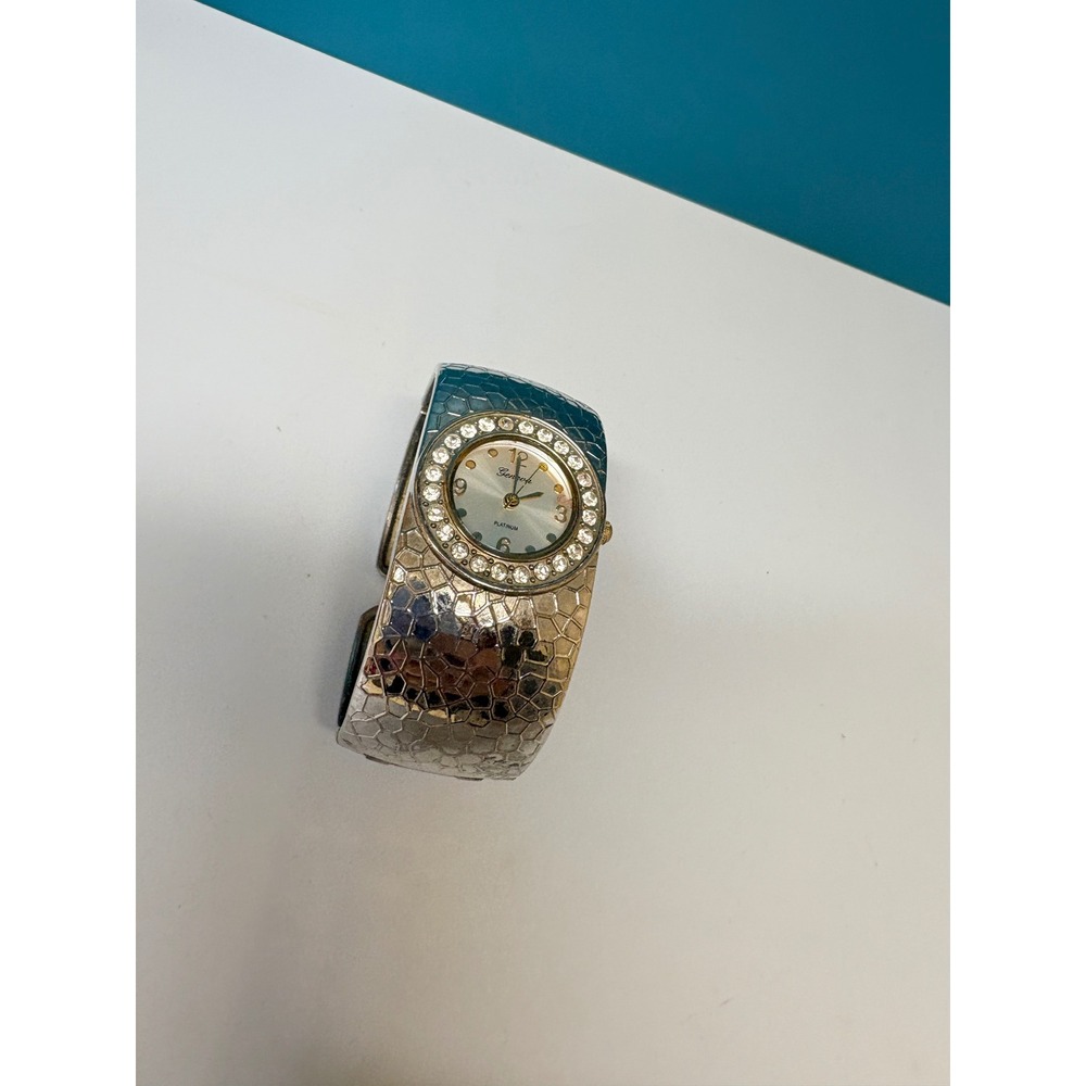 Geneva Platinum 6834 Women Silver Teal Snakeskin Cuff Watch Rhinestone Bezel